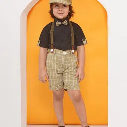 AJ Dezines Half Sleeves Solid Shirt With Checked Coordinating Shorts Suspenders Cap & Bow Set - Pista-picture-21