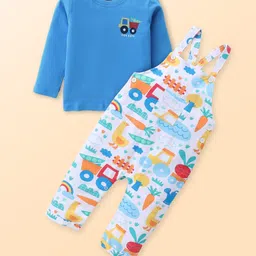 Babyhug Single Jersey Knit Dungaree and Full Sleeves Solid Color T-Shirt Set Garden Theme Print - Blue & White-picture-18