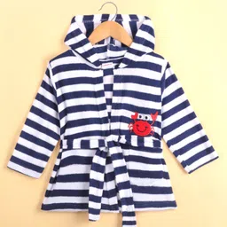 Babyhug Cotton Knit Full Sleeves Hooded Bathrobe with Crab Embroidery - White & Blue-image-38