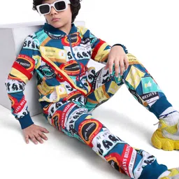 Ollington St. 100% Cotton Knit Full Sleeves Text Printed Sweatshirt with Front Zipper & Joggers Set-Blue-picture-29