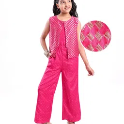 Pine Kids Woven Sleeveless Jumpsuit & Jacket Indo Western Sets with Checkered Embroidery & Polka Dot Foil Print - Dark Pink-picture-30