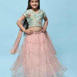 BIBA Half Sleeves Floral Embroidered & Sequins & Lace Embellished Lehenga & Choli With Dupatta Set - Green-picture-21