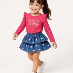Babyhug Single Jersey Knit Full Sleeves Text Print Top with Frill Detailing and Layered Skirt Set - Navy Blue & Dark Pink-picture-12