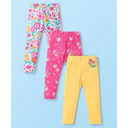 Babyhug Cotton Lycra Knit Full Length Leggings With Floral Print Pack of 3 - Yellow Pink & White-picture-23