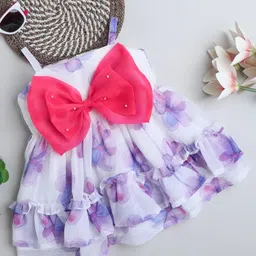 Many frocks & Georgette Sleeveless Floral Printed & Bow Applique Detailed Dress - White-picture-20