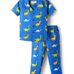 Babyhug Cotton Woven Half Sleeves Co-ords Night Suit with Dino Print - Blue-picture-16