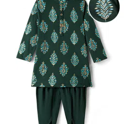 EARTHY TOUCH Single Jersey Knit Full Sleeves Dhoti Kurta Set With Floral Print - Green-image-49