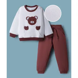 Mark & Mia Terry Knit Full Sleeves Oversized Winter Wear Sweatshirt & Lounge Pant Set with Bear Patch & Kangaroo Pocket - Maroon & White-picture-15