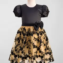 Pine Kids Woven Half Sleeves Party Gown With Floral Embroidery & Bow Applique - Black-image-54