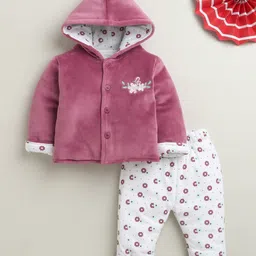 BUMZEE Cotton Blend Knit Full Sleeves Floral Embroidered Hooded Top & Pants Set - Mauve & White image 1
