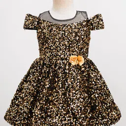 Enfance Cold Shoulder Sequins Embellished Floral Applique Detailed Flared Knee Length Dress - Gold-picture-22