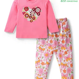 Babyoye Eco Conscious 100% Cotton Knit Full Sleeves Night Suit with Floral Print - Pink image 2