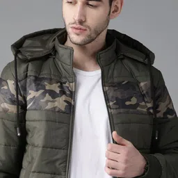 Roadster Men Olive Green Camouflage Printed Hooded Padded Jacket-picture-41