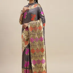 Mitera Grey & Gold-Toned Silk Cotton Woven Design Kanjeevaram Saree image 1