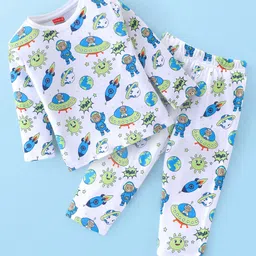Babyhug Interlock Cotton Knit Full Sleeves Teddy & Spaceship Print Night Suit - White-picture-28