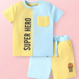 Babyhug Single Jersey Knit Half Sleeves T-Shirt & Shorts Set With Cut & Sew Design & Text Print - Light Blue & Yellow-picture-15