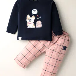 Ollypop Interlock Knit Full Sleeves T-Shirt & Pant Set With Animal Embriodery - Navy Blue & Pink-picture-27