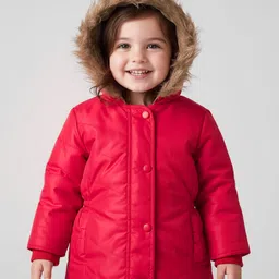 Babyhug Woven Full Sleeves Solid Hooded Padded Jacket - Red-picture-12