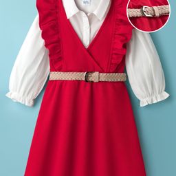 Hola Bonita Knit Full Sleeves Sleeve Textured Solid Dress with Inner Shirt Belt & Frill Detailing - Red & White-picture-10