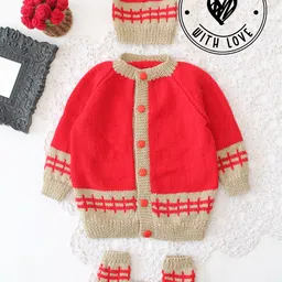 Woonie Hand Knit Full Sleeves Colour Blocked Sweater Set with Cap and Booties - Red-picture-12