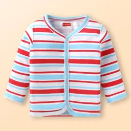 Babyhug 100% Cotton Interlock Knit Full Sleeves Front Open Vests With Stripes & Animal Print Pack Of 3 - Light Blue Red & White image 2