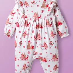 Babyoye 100% Cotton Knit With Eco Jiva Finish Full Sleeves Romper With Christmas Print & Bow Applique - White image 2