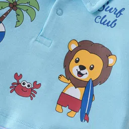 Babyhug 100% Cotton Knit Half Sleeves Romper Lion Print - Blue image 3