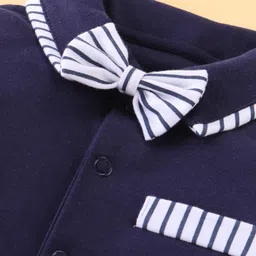 Child World Interlock Knit Full Sleeves Party Striped Romper with Bow - Navy Blue image 5