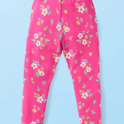 Babyhug Cotton Lycra Knit Full Length Leggings With Floral Print Pack of 3 - Yellow Pink & White image 5