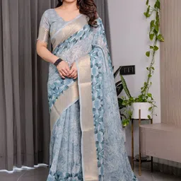 ALMAARI FASHION Geometric Printed Pure Cotton Jamdani Saree With Blouse Piece image 5