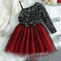 YK Girls Colourblocked Sequined One Shoulder Party Fit and Flare Dress-picture-23