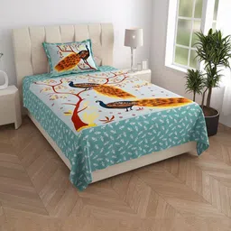 DHANOTA Blue & White Ethnic Motifs 160 TC Single Bedsheet with 1 Pillow Covers-image-63