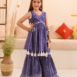 Pspeaches Sleeveless All Over Bandhej Motif & Striped Pattern Detailed Flared Tassel Hem Kurta With Coordinating Gota Lace Embellished Sharara - Blue-picture-28