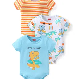 Babyhug 100% Cotton Knit Half Sleeves Onesies with Striped & Dino Print  Pack of 3 - Multicolour-picture-25