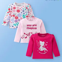 Babyoye 100% Cotton Full Sleeves  Floral & Butterfly Printed Tops Pack of 3 -  Pink & White-image-91