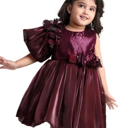 Babyhug Woven Half Sleeves Party Wear Fit and Flare Sequinned Yoke Dress with Flower Embellishments - Wine-image-127