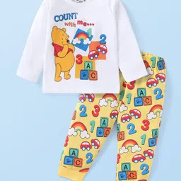 Babyhug Disney Single Jersey Knit Full Sleeves Night Suit with Winnie the Pooh Graphics -White & Yellow-picture-11