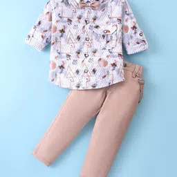 Rikidoos Full Sleeves Abstract Printed Shirt With Pant Suspender & Bow Set - White & Peach-picture-27