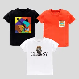 KAVEE Pure Cotton Pack Of 3 Half Sleeves Guitar & Bear Printed Tees - Orange Black & White-picture-22