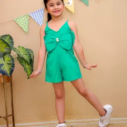 Little Ginnie Cotton Woven Sleeveless Bow Applique Detailed Smocked Jumpsuit - Green-image-92