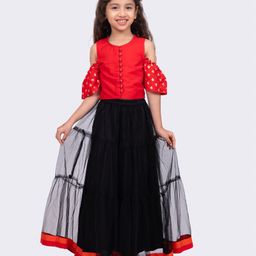 Twisha Woven Cold Shoulder Sleeves Club Foil Printed Lehenga Choli Set - Red & Black-picture-40