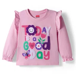 Babyhug 100% Cotton Knit Full Sleeves Top with Frill Text Print & Embroidery - Pink-picture-28