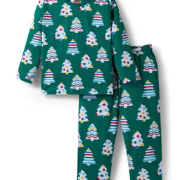 Babyhug Cotton Knit Full Sleeves Co-ord Night Suit with X-Mas Tree Print - Green-picture-15