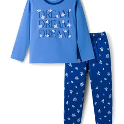 Honeyhap Premium 100% Cotton Knit Full Sleeves Night Suit With Bio Finish & Floral Print -Marina & Blue Quartz-picture-16