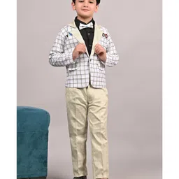 Fourfolds Cotton Blend Woven Full Sleeves Checked 3 Piece Party Suit With Bow Set - Green-picture-26