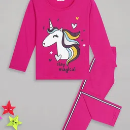 Sheer Love Cotton Knit Full Sleeves Unicorn Printed Night Suit Set - Fuchsia-picture-23