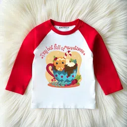 KNITROOT Cotton Knit Christmas Theme Full Raglan Sleeves Tiny But Full Of Sweetness Text Printed Tee - Red & White-picture-19