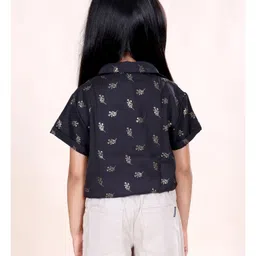 Kiddopanti Woven Half Sleeves Leaves Embroidered Shirt - Black image 3
