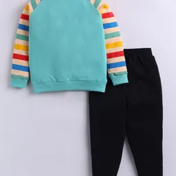 Little Ninja Cotton Knit Full Sleeves Boy Text Puff Printed Placement Striped Sweatshirt & Joggers Set - Green & Black image 3