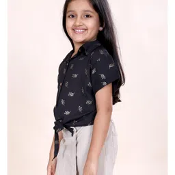 Kiddopanti Woven Half Sleeves Leaves Embroidered Shirt - Black image 4